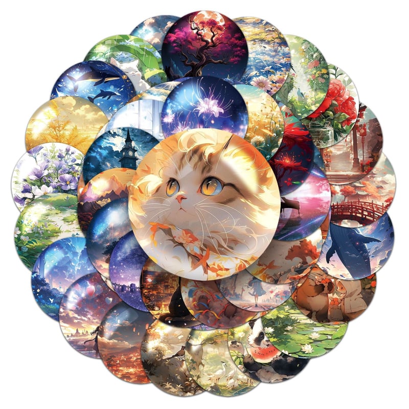 Telefon tok matricák készlet – önragasztó, vízálló, offset nyomtatás, 50 kör alakú világművészeti dizájn, aranyos animációs motívumok, 30 g darabonként