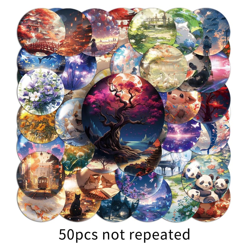 Telefon tok matricák készlet – önragasztó, vízálló, offset nyomtatás, 50 kör alakú világművészeti dizájn, aranyos animációs motívumok, 30 g darabonként