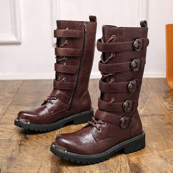 Férfi bőrbakancsok, mikroszálas felsőrész, magas cső, gumírozott talp, közepes sarok, PU belső bélés (mikroszálas felsőrész; magas cső; gumírozott talp; közepes sarok; PU belső)