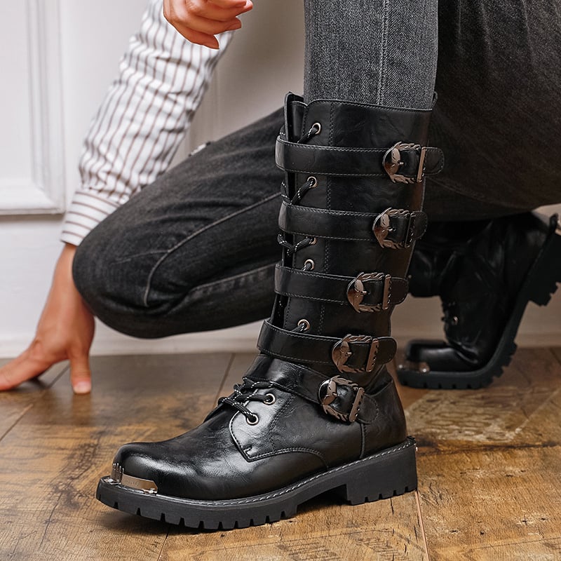 Férfi bőrbakancsok, mikroszálas felsőrész, magas cső, gumírozott talp, közepes sarok, PU belső bélés (mikroszálas felsőrész; magas cső; gumírozott talp; közepes sarok; PU belső)