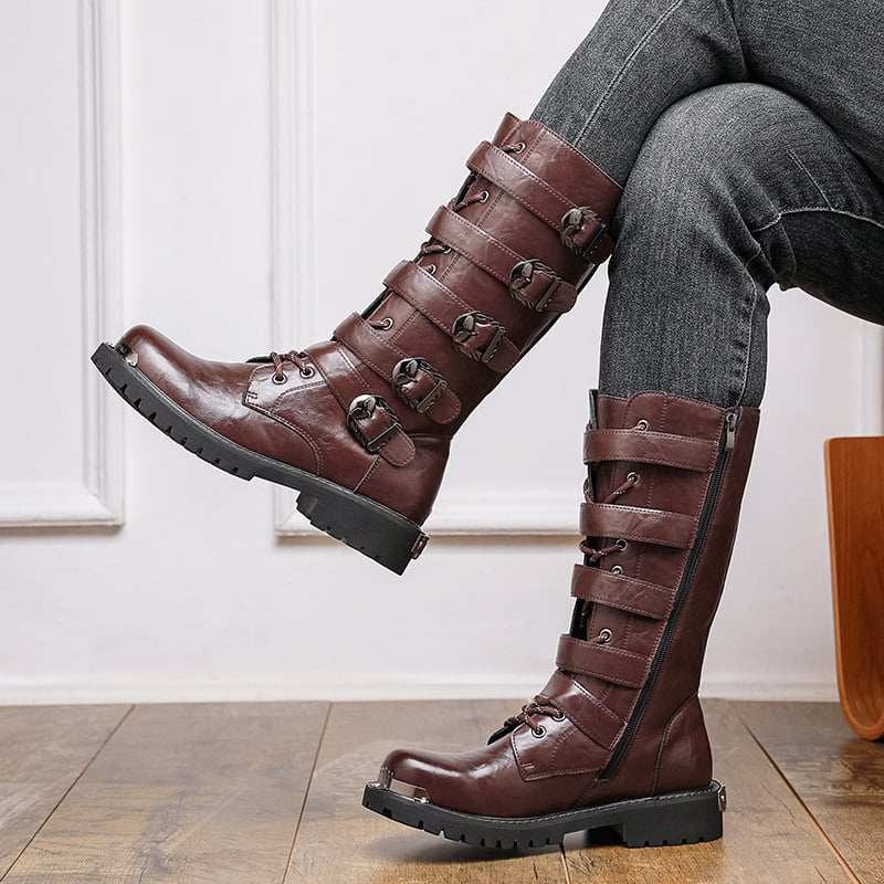 Férfi bőrbakancsok, mikroszálas felsőrész, magas cső, gumírozott talp, közepes sarok, PU belső bélés (mikroszálas felsőrész; magas cső; gumírozott talp; közepes sarok; PU belső)