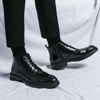 Férfi bőrbakancsok – középmagas romai stílusú Chelsea csizma, hegyes orr, PU felsőrész, gumitalp