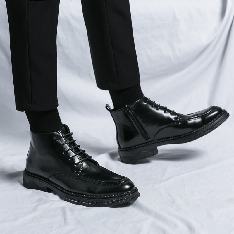 Férfi bőrbakancsok – középmagas romai stílusú Chelsea csizma, hegyes orr, PU felsőrész, gumitalp