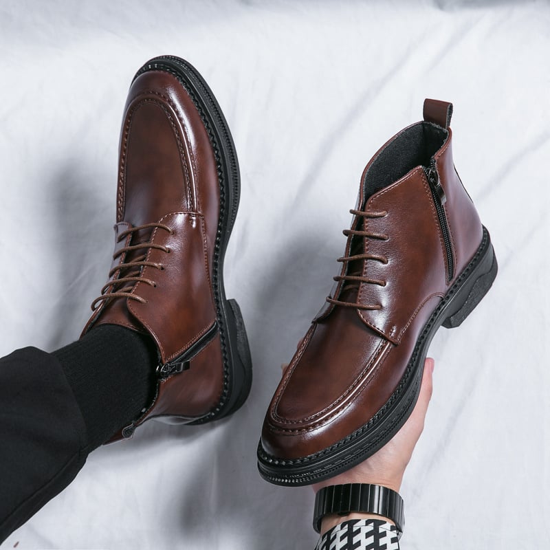 Férfi bőrbakancsok – középmagas romai stílusú Chelsea csizma, hegyes orr, PU felsőrész, gumitalp