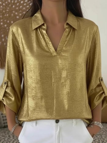 Szabadidős női blúz V-nyakú zsebbel, aranyszínű rész, poliészter-elasztán keverék, hosszú ujjú, egyszínű kivitel
