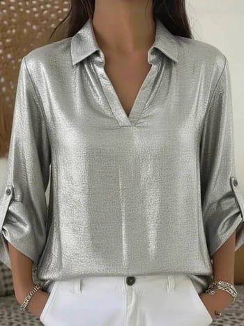 Szabadidős női blúz V-nyakú zsebbel, aranyszínű rész, poliészter-elasztán keverék, hosszú ujjú, egyszínű kivitel