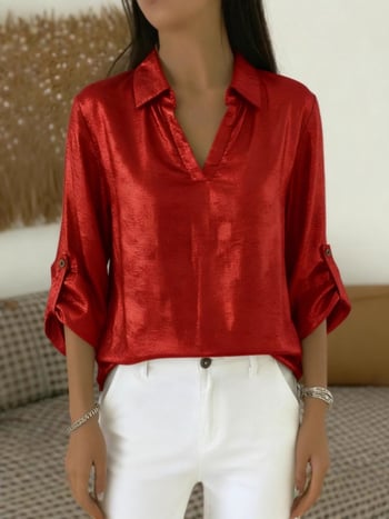 Szabadidős női blúz V-nyakú zsebbel, aranyszínű rész, poliészter-elasztán keverék, hosszú ujjú, egyszínű kivitel