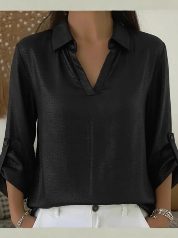 Szabadidős női blúz V-nyakú zsebbel, aranyszínű rész, poliészter-elasztán keverék, hosszú ujjú, egyszínű kivitel