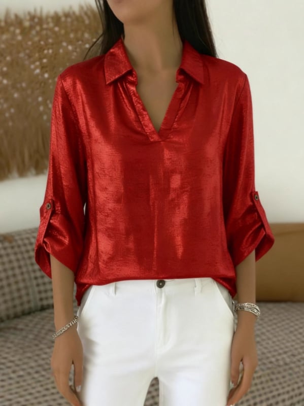 Szabadidős női blúz V-nyakú zsebbel, aranyszínű rész, poliészter-elasztán keverék, hosszú ujjú, egyszínű kivitel