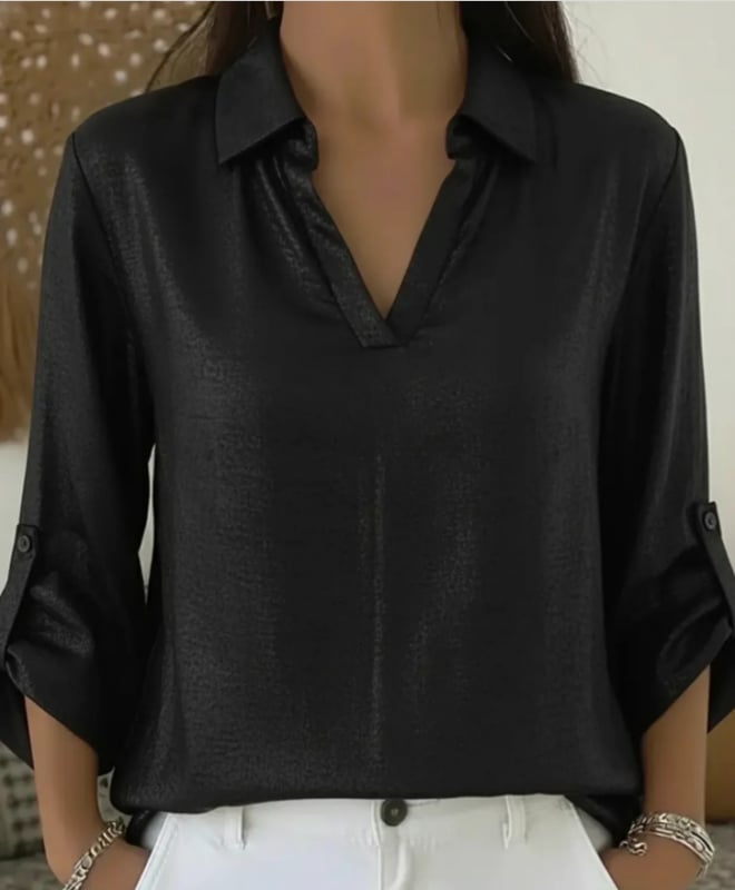 Szabadidős női blúz V-nyakú zsebbel, aranyszínű rész, poliészter-elasztán keverék, hosszú ujjú, egyszínű kivitel