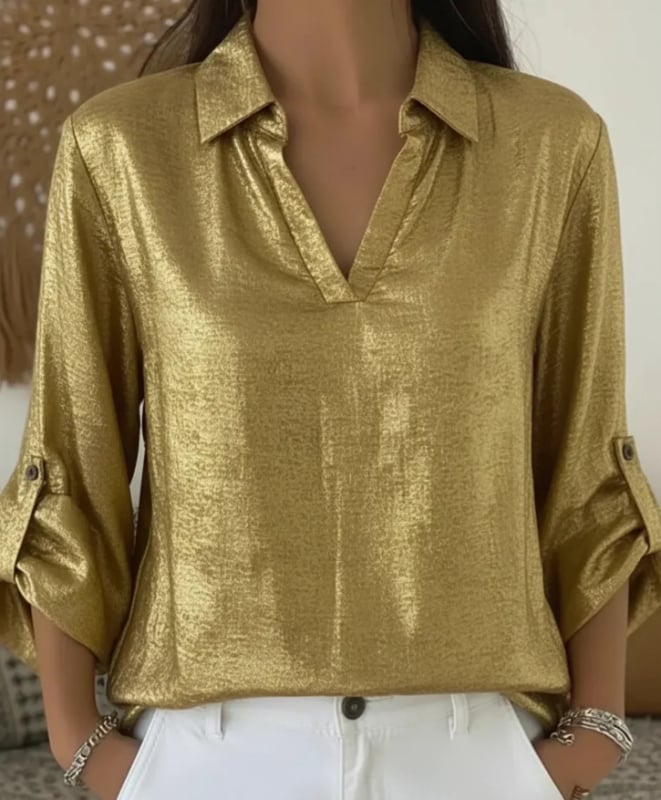 Szabadidős női blúz V-nyakú zsebbel, aranyszínű rész, poliészter-elasztán keverék, hosszú ujjú, egyszínű kivitel