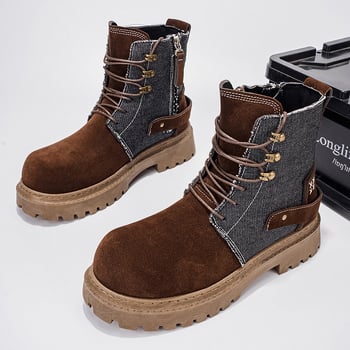 Martin csizmák patchwork farmer denim anyagú felsőrésszel, nubuk bőr, gumírozott talp, kerek orr, középmagas dőlő sarok (3–5 cm)