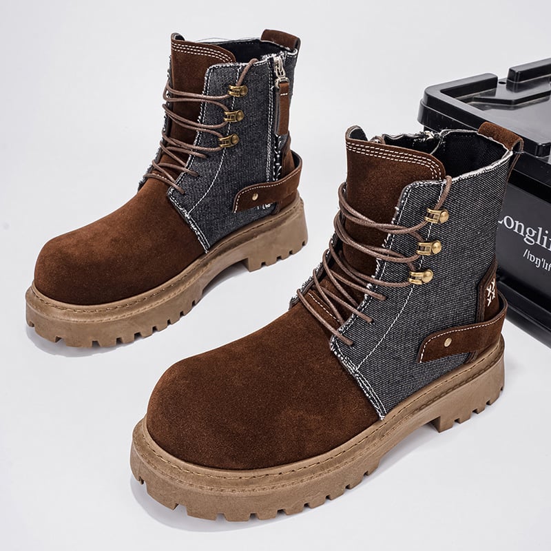 Martin csizmák patchwork farmer denim anyagú felsőrésszel, nubuk bőr, gumírozott talp, kerek orr, középmagas dőlő sarok (3–5 cm)