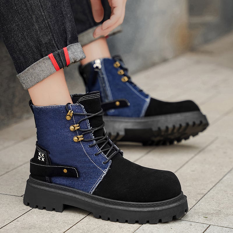 Martin csizmák patchwork farmer denim anyagú felsőrésszel, nubuk bőr, gumírozott talp, kerek orr, középmagas dőlő sarok (3–5 cm)