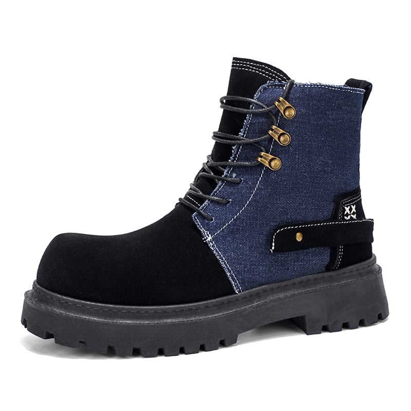 Martin csizmák patchwork farmer denim anyagú felsőrésszel, nubuk bőr, gumírozott talp, kerek orr, középmagas dőlő sarok (3–5 cm)