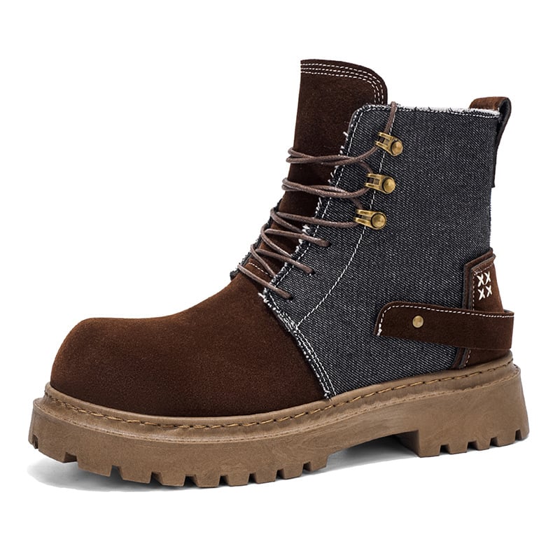 Martin csizmák patchwork farmer denim anyagú felsőrésszel, nubuk bőr, gumírozott talp, kerek orr, középmagas dőlő sarok (3–5 cm)