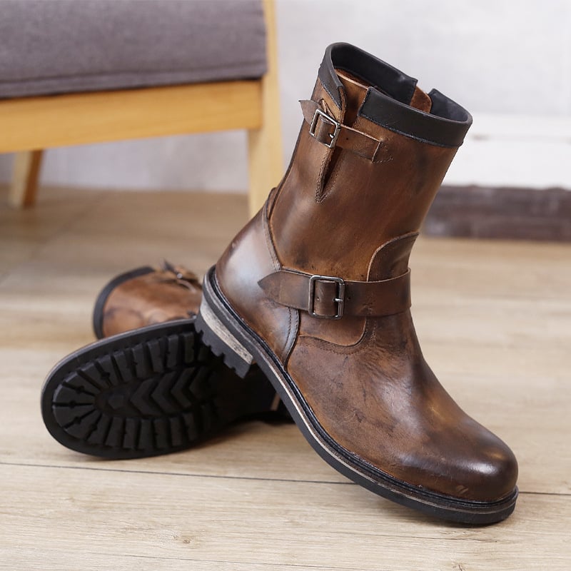 Férfi bőrből készült munkabakancs cipzárral, magas szárú, vastag gumi talppal