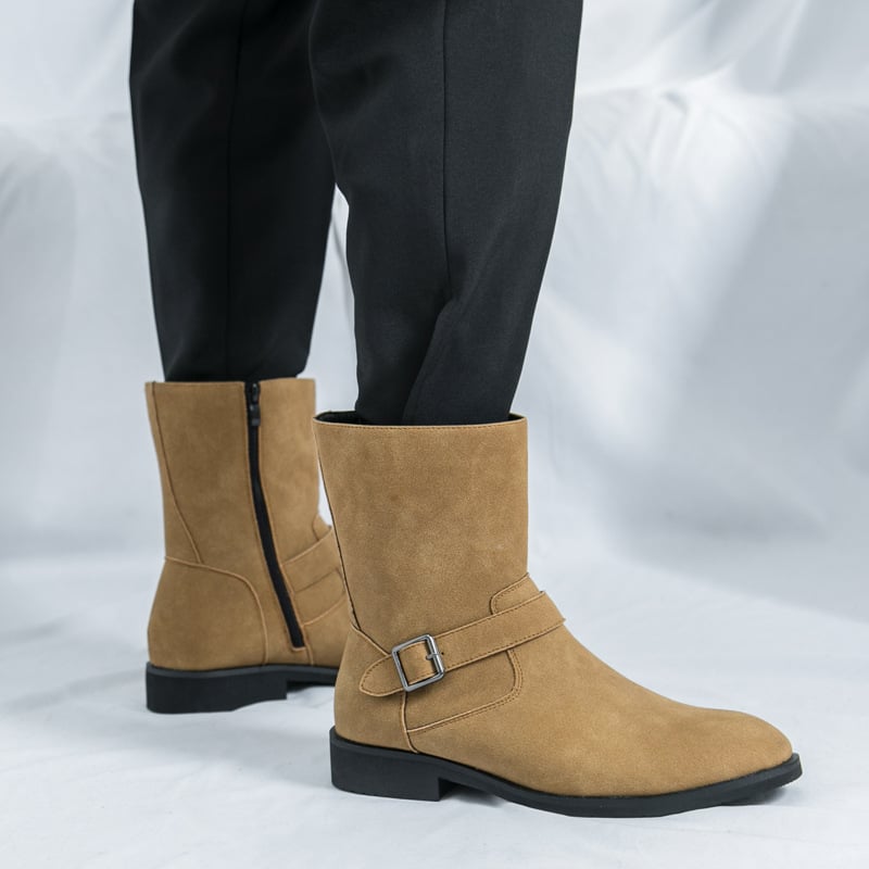 Magas szárú férfi Chelsea bakancs, bőr toe cap, 1–3 cm-es alacsony sarka, oldalsó cipzár, PU felsőrész