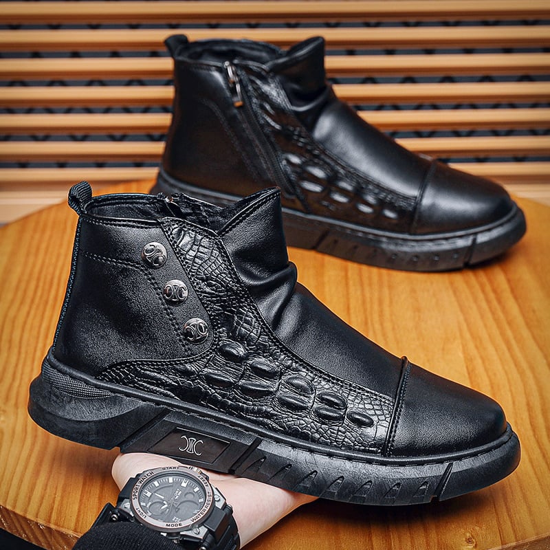 Brit-stílusú magasított férfi csizma, krokodil mintás PU felsőrész, PVC talp, injektált formázási technológia