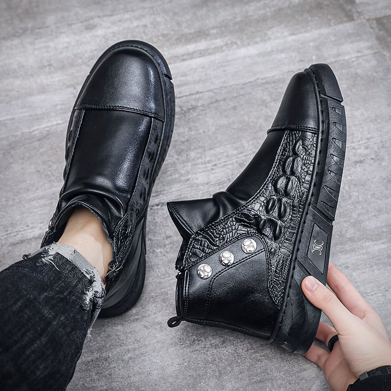 Brit-stílusú magasított férfi csizma, krokodil mintás PU felsőrész, PVC talp, injektált formázási technológia