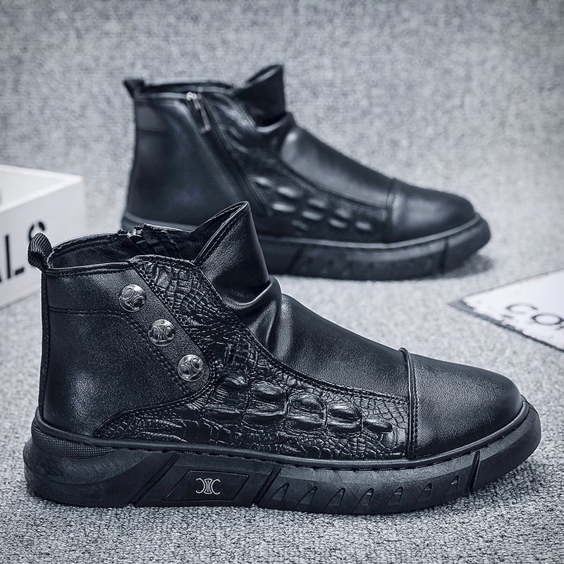 Brit-stílusú magasított férfi csizma, krokodil mintás PU felsőrész, PVC talp, injektált formázási technológia