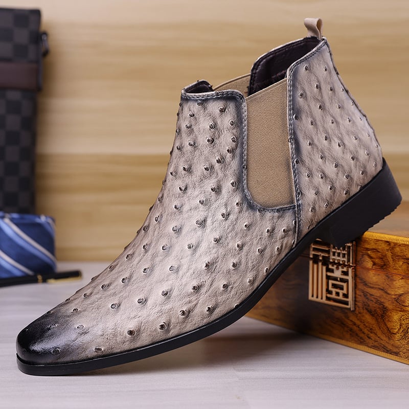 Férfi lovagcsizma, négyzetes orrú, középmagas, retro hímzett strucc mintával