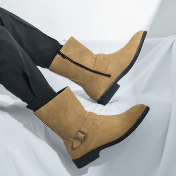 Férfi Chelsea bakancs, PU felsőrész, Leather toe cap, gumírozott talpú, alacsony négyzetes sarok 1–3 cm, magas szár, oldalsó cipzár