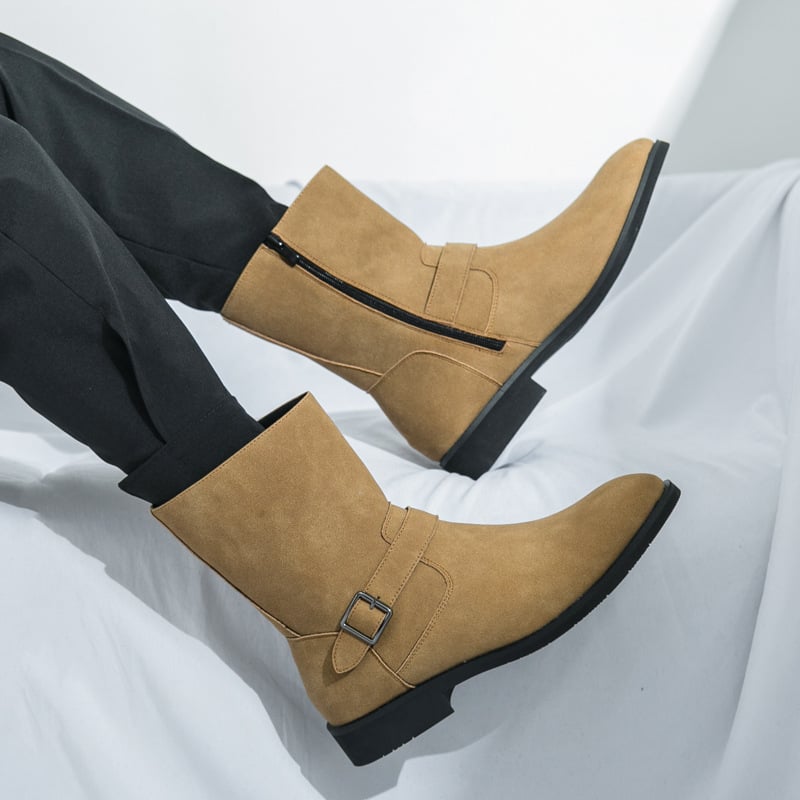 Férfi Chelsea bakancs, PU felsőrész, Leather toe cap, gumírozott talpú, alacsony négyzetes sarok 1–3 cm, magas szár, oldalsó cipzár