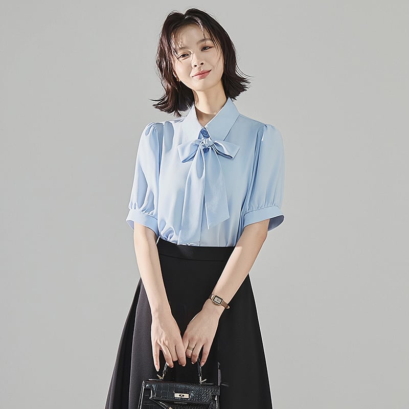 Női chiffon felső, rövid ujjú, gallér, egysoros záródás, levehető masni