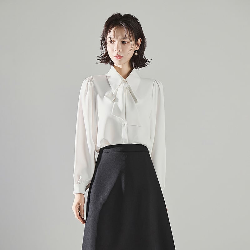 Női chiffon felső, rövid ujjú, gallér, egysoros záródás, levehető masni