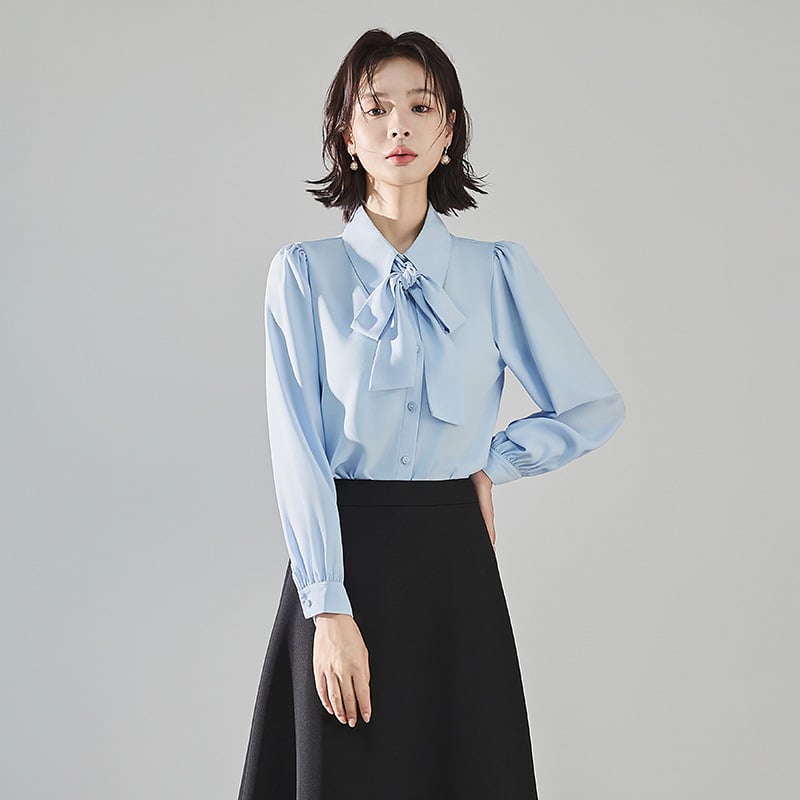 Női chiffon felső, rövid ujjú, gallér, egysoros záródás, levehető masni