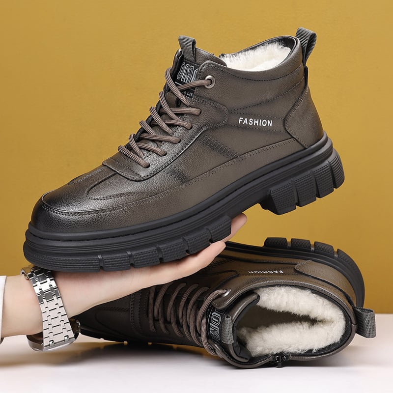 Férfi téli magasított bakancs, vastag műszőrme bélés és gumitalp, előre fűzős, Martin-stílus