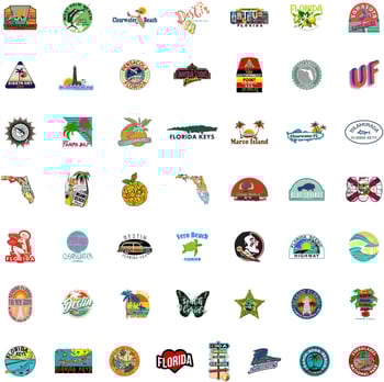 50 darab PVC matrica Florida városainak látképét ábrázoló karikatúra stílusban, nyomtatott kivitelben; poggyászra és telefontokokra.