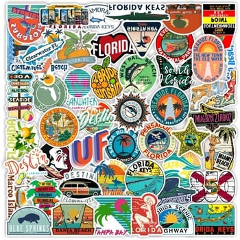 50 darab PVC matrica Florida városainak látképét ábrázoló karikatúra stílusban, nyomtatott kivitelben; poggyászra és telefontokokra.