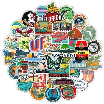 50 darab PVC matrica Florida városainak látképét ábrázoló karikatúra stílusban, nyomtatott kivitelben; poggyászra és telefontokokra.