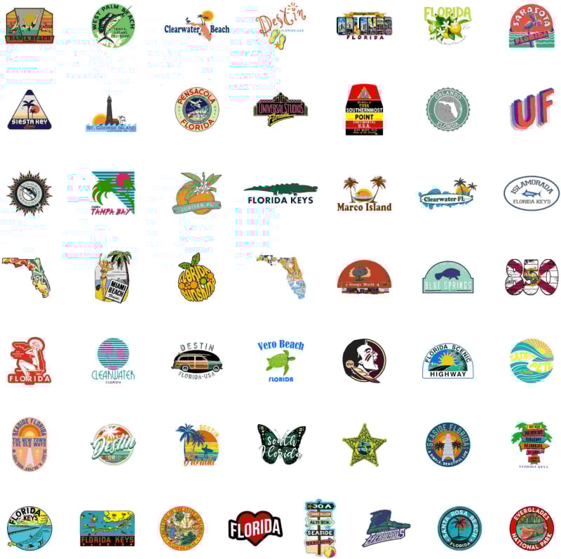 50 darab PVC matrica Florida városainak látképét ábrázoló karikatúra stílusban, nyomtatott kivitelben; poggyászra és telefontokokra.