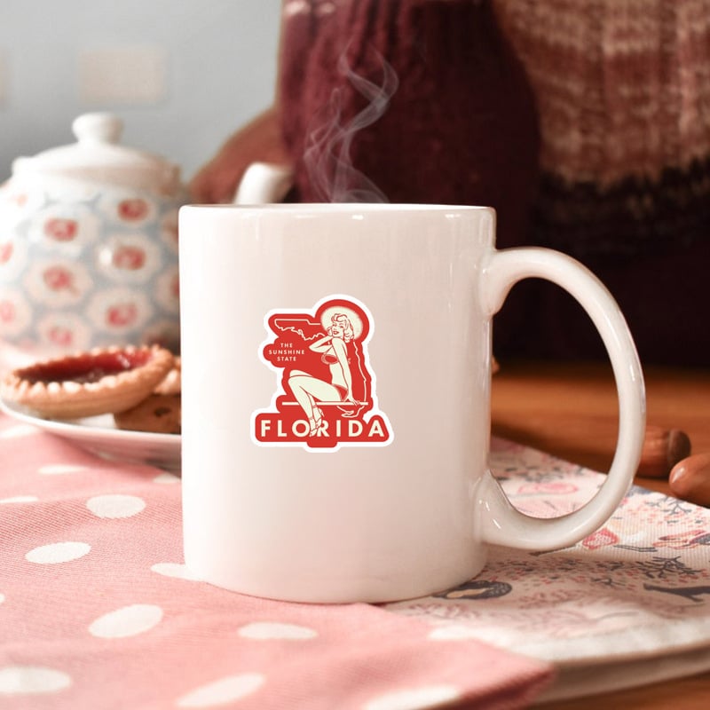 50 darab PVC matrica Florida városainak látképét ábrázoló karikatúra stílusban, nyomtatott kivitelben; poggyászra és telefontokokra.