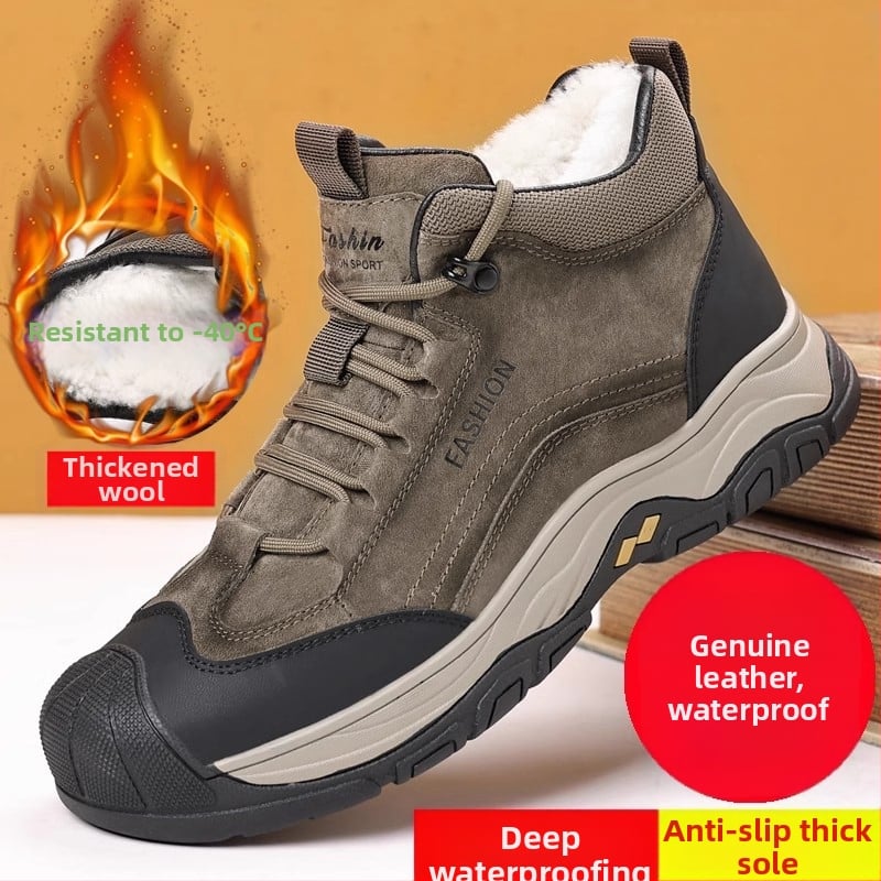 Férfi téli bőrből készült csizma gumírozott talppal, szőrme béléssel, csúszásmentes