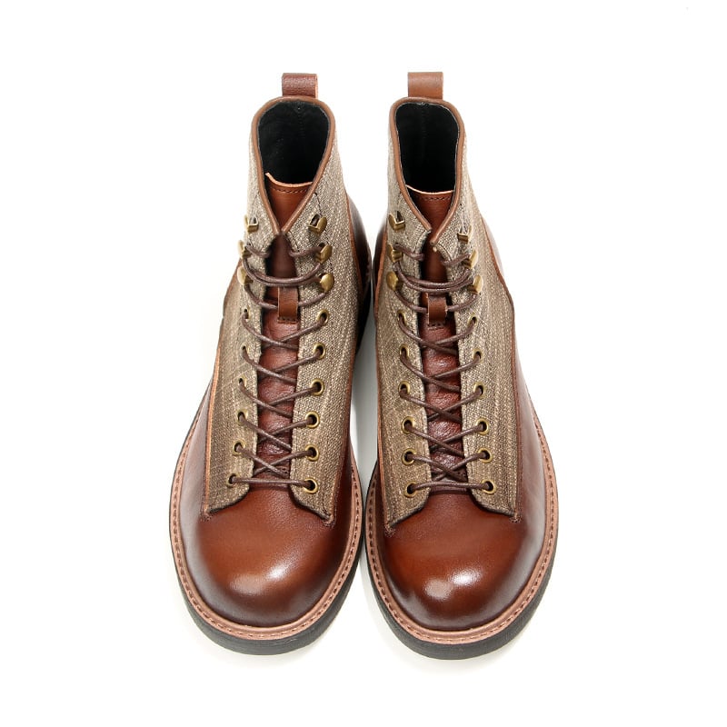 Férfi Martin csizmák, bőr és vászon felsőrész, kerek orr, angol stílus, 18–40 éveseknek