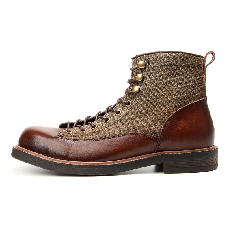 Férfi Martin csizmák, bőr és vászon felsőrész, kerek orr, angol stílus, 18–40 éveseknek