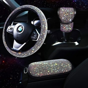 Shangchi PU kristályos kormánykerékfedő készlet, univerzális illeszkedés, ragasztásos telepítés; tartalmaz kormánykerékfedőt, kartámasz mat és váltókarfedőt