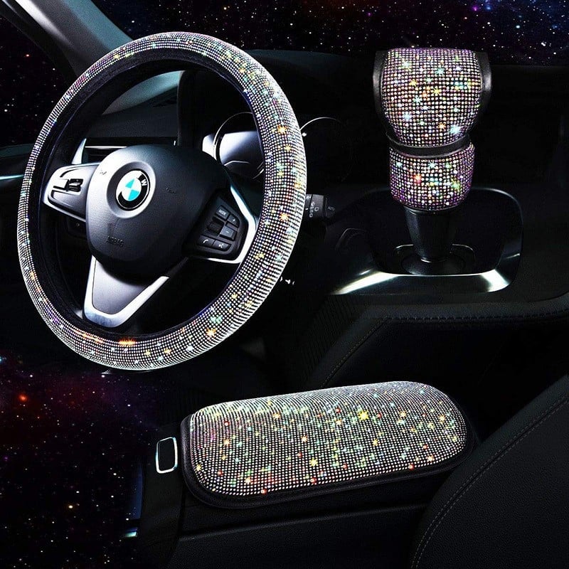 Shangchi PU kristályos kormánykerékfedő készlet, univerzális illeszkedés, ragasztásos telepítés; tartalmaz kormánykerékfedőt, kartámasz mat és váltókarfedőt