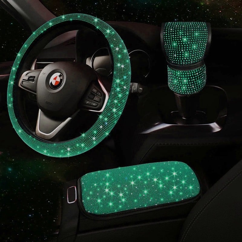 Shangchi PU kristályos kormánykerékfedő készlet, univerzális illeszkedés, ragasztásos telepítés; tartalmaz kormánykerékfedőt, kartámasz mat és váltókarfedőt