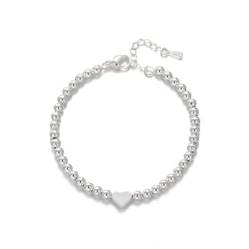 Réz alapú karkötő ezüstös bevonattal, szív alakú golyógyöngyök, női minimalist stílus, márka: Three Silversmiths