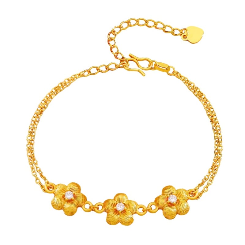 Nőknek szóló három barackvirágos karkötő — új kínai stílus, virágmotívum, kefés felület, kristályos díszítés