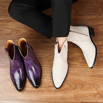 Férfi bőrből készült bokacsizma, hegyes orrú, oldalsó cipzár, PU felsőrész, gumi talp, alacsony sarok 1–3 cm