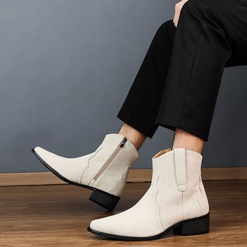 Férfi bőrből készült bokacsizma, hegyes orrú, oldalsó cipzár, PU felsőrész, gumi talp, alacsony sarok 1–3 cm