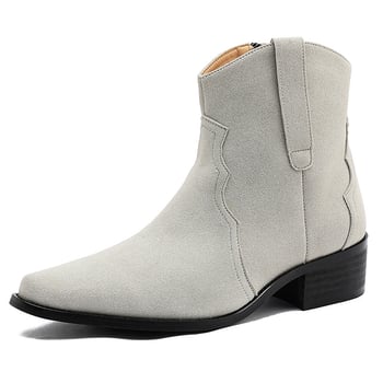 Férfi bőrből készült bokacsizma, hegyes orrú, oldalsó cipzár, PU felsőrész, gumi talp, alacsony sarok 1–3 cm