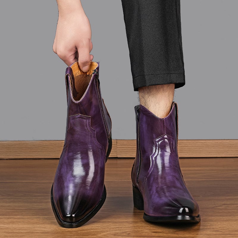 Férfi bőrből készült bokacsizma, hegyes orrú, oldalsó cipzár, PU felsőrész, gumi talp, alacsony sarok 1–3 cm