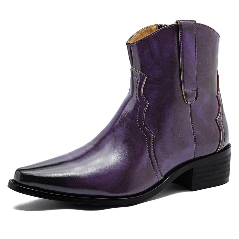 Férfi bőrből készült bokacsizma, hegyes orrú, oldalsó cipzár, PU felsőrész, gumi talp, alacsony sarok 1–3 cm